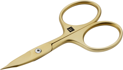 Queransicht einer ZWILLING Premium Nagel- und Nagelhautschere in Gold mit leicht gebogener Schneide und feiner Spitze.