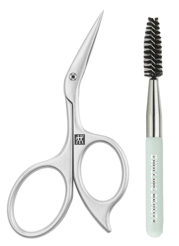 ZWILLING Premium Augenbrauenschere aus rostfreiem Edelstahl mit abgewinkelter, hauchdünner Schneide für präzisen Schnitt, inklusive Augenbrauenbürste.