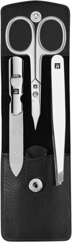 Geöffnetes ZWILLING Classic Set 3tlg. in schwarz mit essentiellen Pflegeinstrumenten aus rostfreiem Edelstahl.