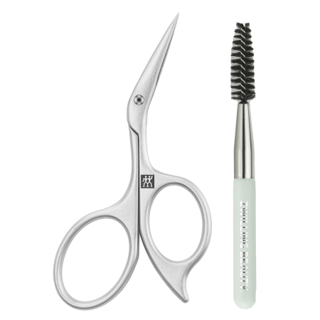 ZWILLING Premium Augenbrauenschere aus rostfreiem Edelstahl mit abgewinkelter, hauchdünner Schneide für präzisen Schnitt, inklusive Augenbrauenbürste.