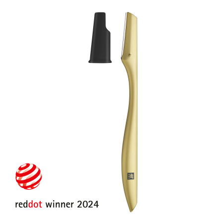 Darstellung des ZWILLING Premium Gesichtshaar-Rasierer in gold mattiert mit auswechselbaren Edelstahl-Klingen und Präzisionskappe. Ausgezeichnet mit dem Reddot award 2024.