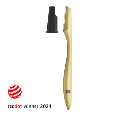 Darstellung des ZWILLING Premium Gesichtshaar-Rasierer in gold mattiert mit auswechselbaren Edelstahl-Klingen und Präzisionskappe. Ausgezeichnet mit dem Reddot award 2024.