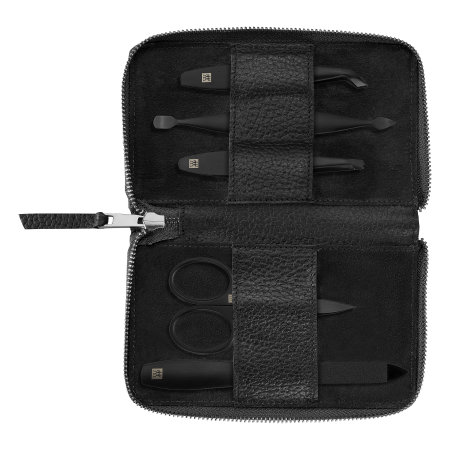 Geöffnetes ZWILLING Premium Set 5tlg. in Schwarz mit Reißverschluss und den meistgenutzten Pflegeinstrumenten in matt-schwarz.