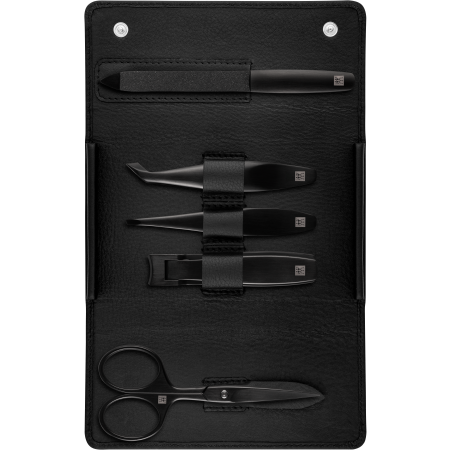 Geöffnetes ZWILLING Premium Set 5tlg. in schwarz mit Druckknopfverschluss mit den meistgenutzten Pflegeinstrumenten in matt-schwarz.