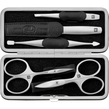 Geöffnetes ZWILLING Premium Set 5tlg. in schwarz mit Metallrahmen, mit den meistgenutzten Pflegeinstrumenten aus rostfreiem Edelstahl.
