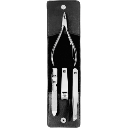 Geöffnetes ZWILLING Classic Set 4tlg. in schwarz mit Druckknopfverschluss mit essentiellen Pflegeinstrumenten aus rostfreiem Edelstahl.