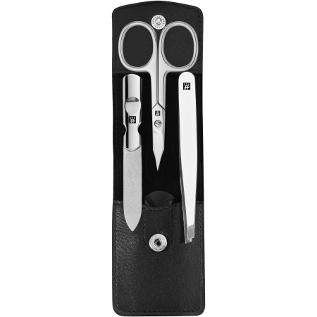 Geöffnetes ZWILLING Classic Set 3tlg. in schwarz mit Druckknopfverschluss mit essentiellen Pflegeinstrumenten aus rostfreiem Edelstahl.