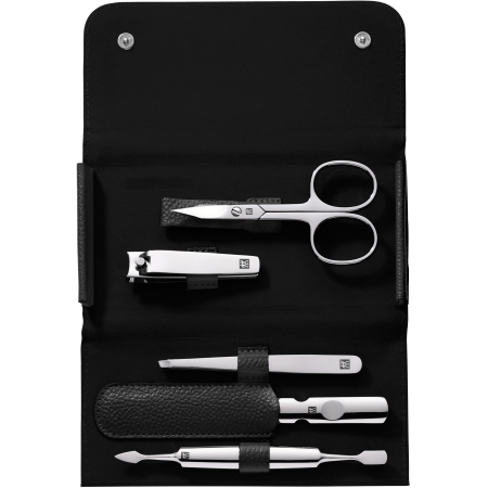 Geöffnetes ZWILLING Classic Set 5tlg. in schwarz mit Druckknopfverschluss mit den meistgenutzten Pflegeinstrumenten aus rostfreiem Edelstahl.