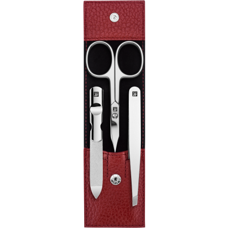 Geöffnetes ZWILLING Classic Set 3tlg. in rot mit Druckknopfverschluss und  essentiellen Pflegeinstrumenten aus rostfreiem Edelstahl.