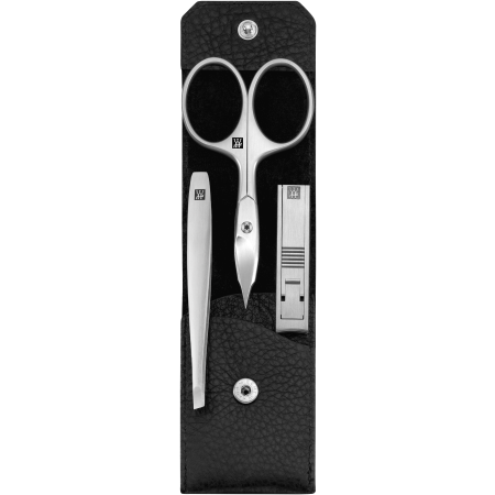 Geöffnetes ZWILLING Premium Set 3tlg. in Schwarz mit Druckknopf und essentiellen Pflegeinstrumenten aus rostfreiem Edelstahl.