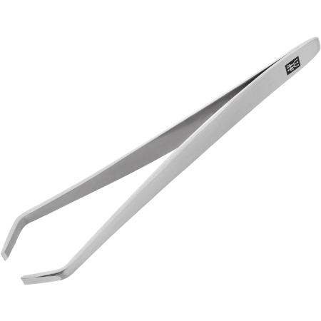 Queransicht der ZWILLING Premium abgewinkelten Pinzette aus rostfreiem Edelstahl mit angerauten, perfekt kalibrierten Spitzen.