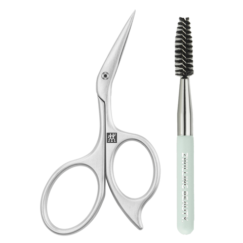 ZWILLING Premium Augenbrauenschere aus rostfreiem Edelstahl mit abgewinkelter, hauchdünner Schneide für präzisen Schnitt, inklusive Augenbrauenbürste.