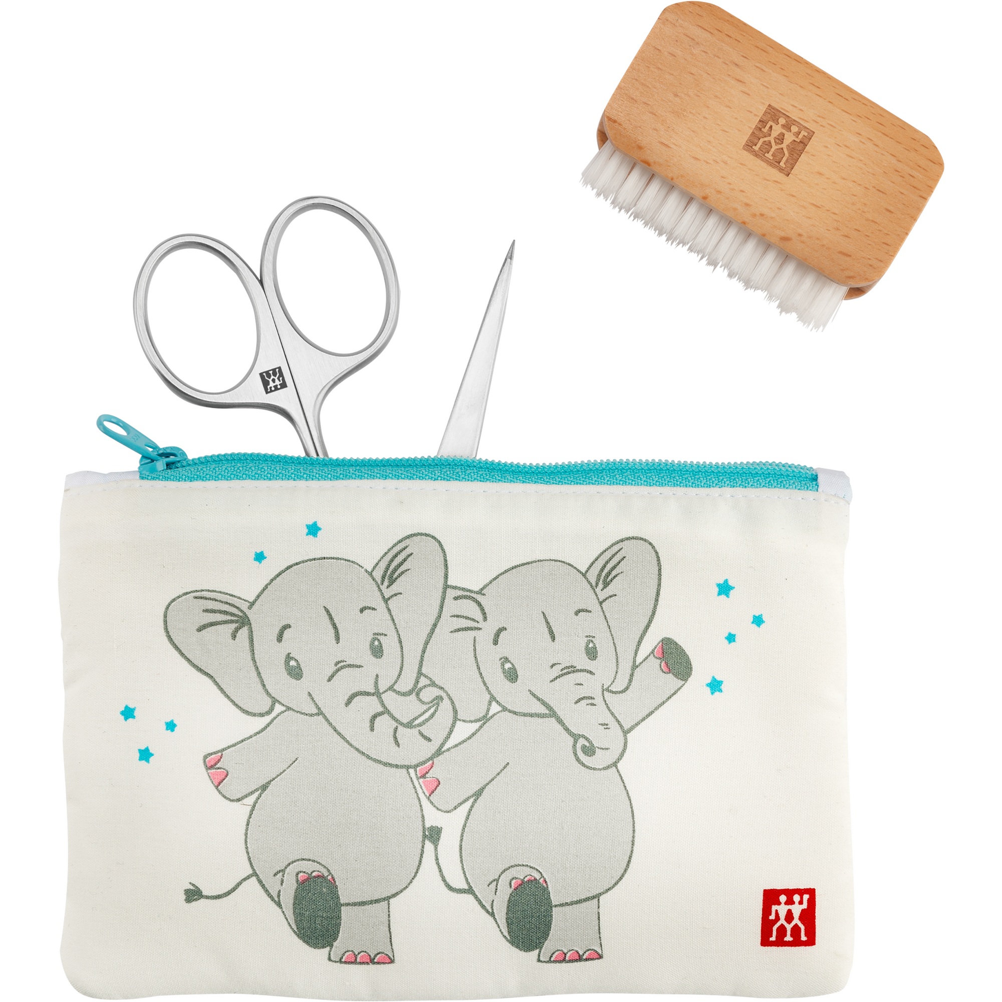 Frontalansicht eines ZWILLING Premium Baby und Kinder Maniküre Sets 3tlg. in weiß mit verspieltem Motiv und Reißverschluss und einer Nagelschere, einer Pinzette und einer Kinder-Nagelbürste.