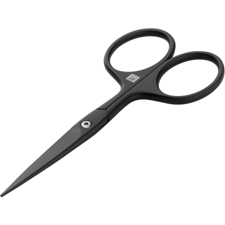 Queransicht einer ZWILLING Premium Bartschere in schwarz mit gerader Schneide und feiner Spitze für präzisen Schnitt.