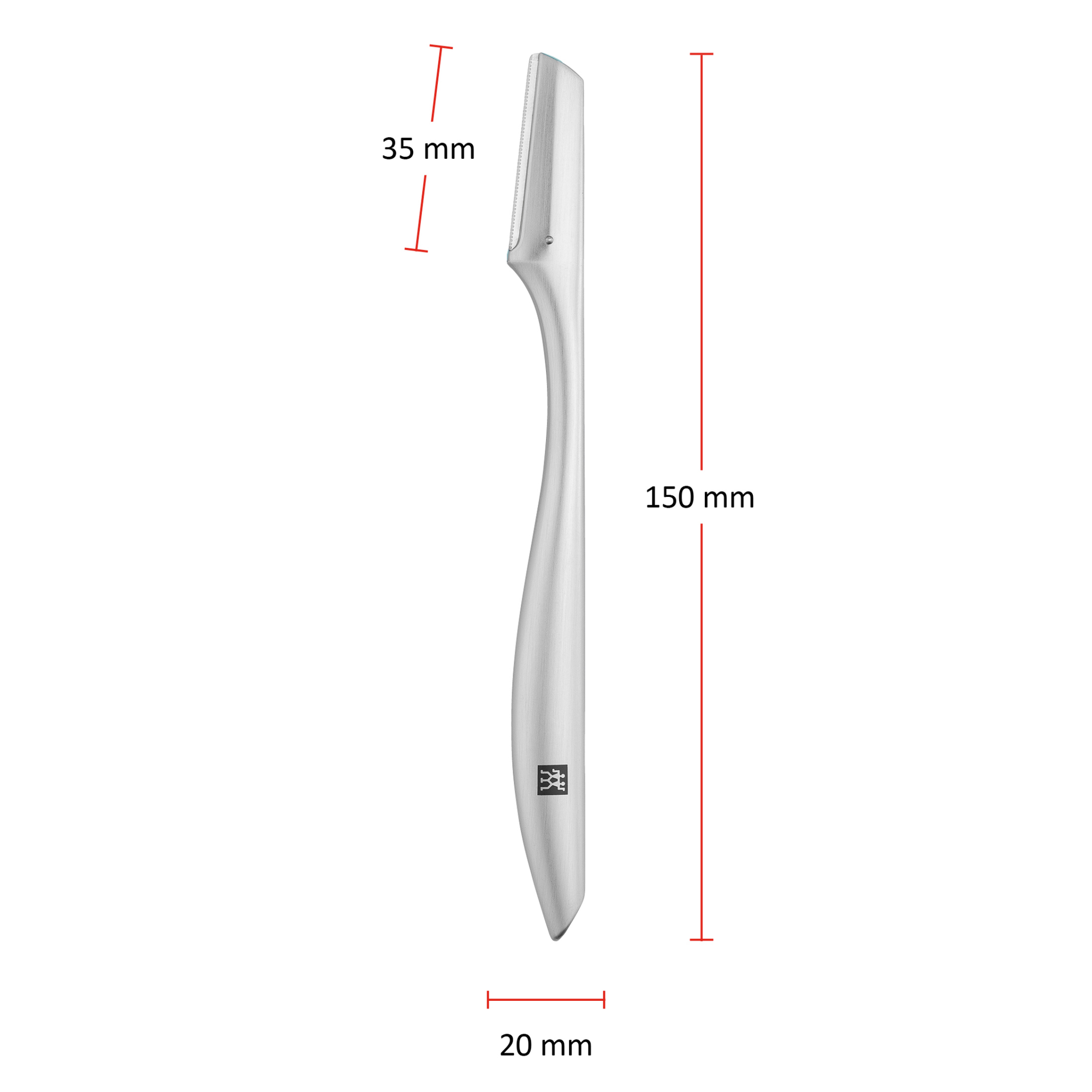 Größenangaben eines ZWILLING Premium Gesichtshaar-Rasierers. Gesamtlänge beträgt 150mm.