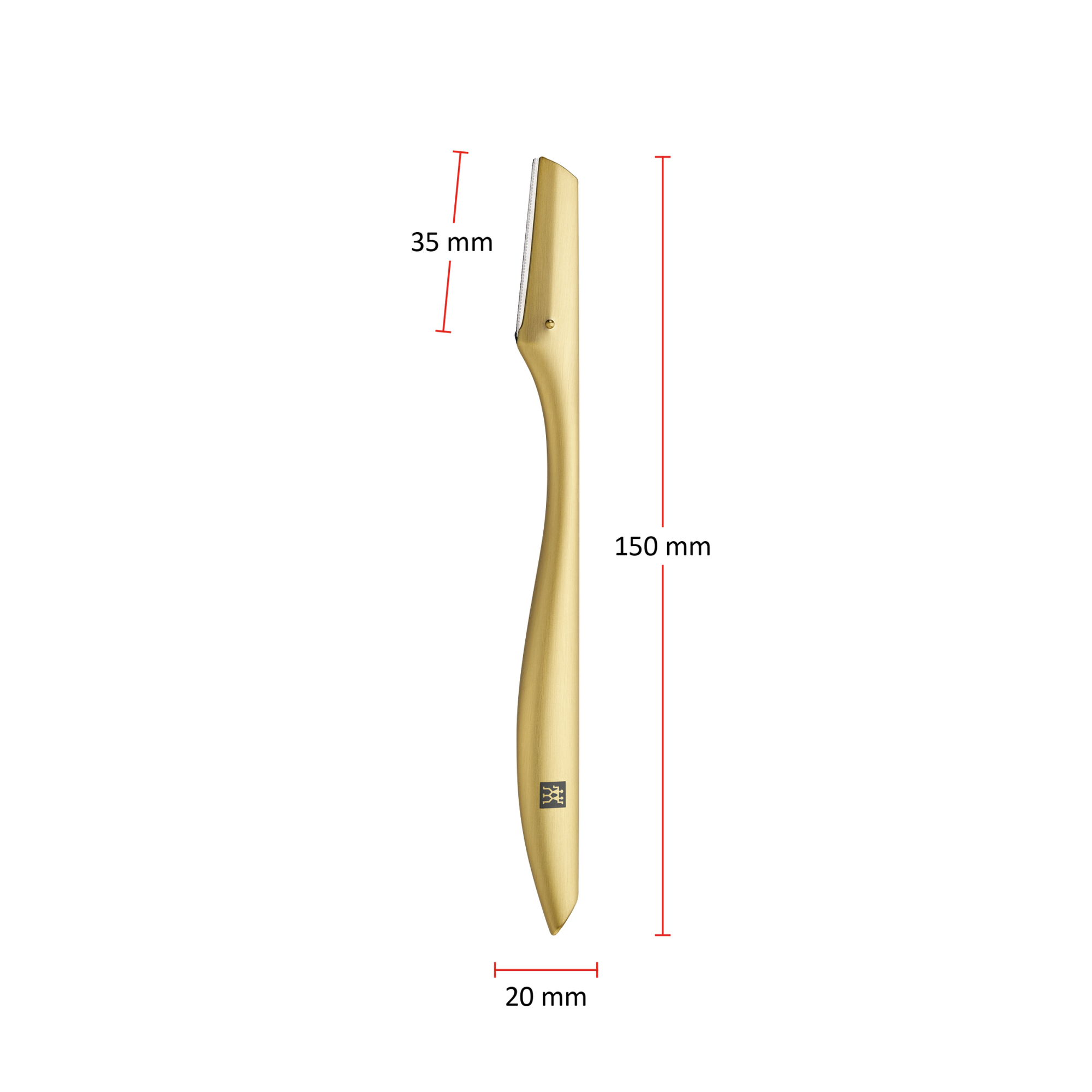 Größenangaben eines ZWILLING Premium Gesichtshaar-Rasierers in Gold. Gesamtlänge beträgt 150mm. Die Klinge hat eine Länge von 35mm und der Gesichtshaar-Rasierer hat eine Gesamtbreite von 20mm.