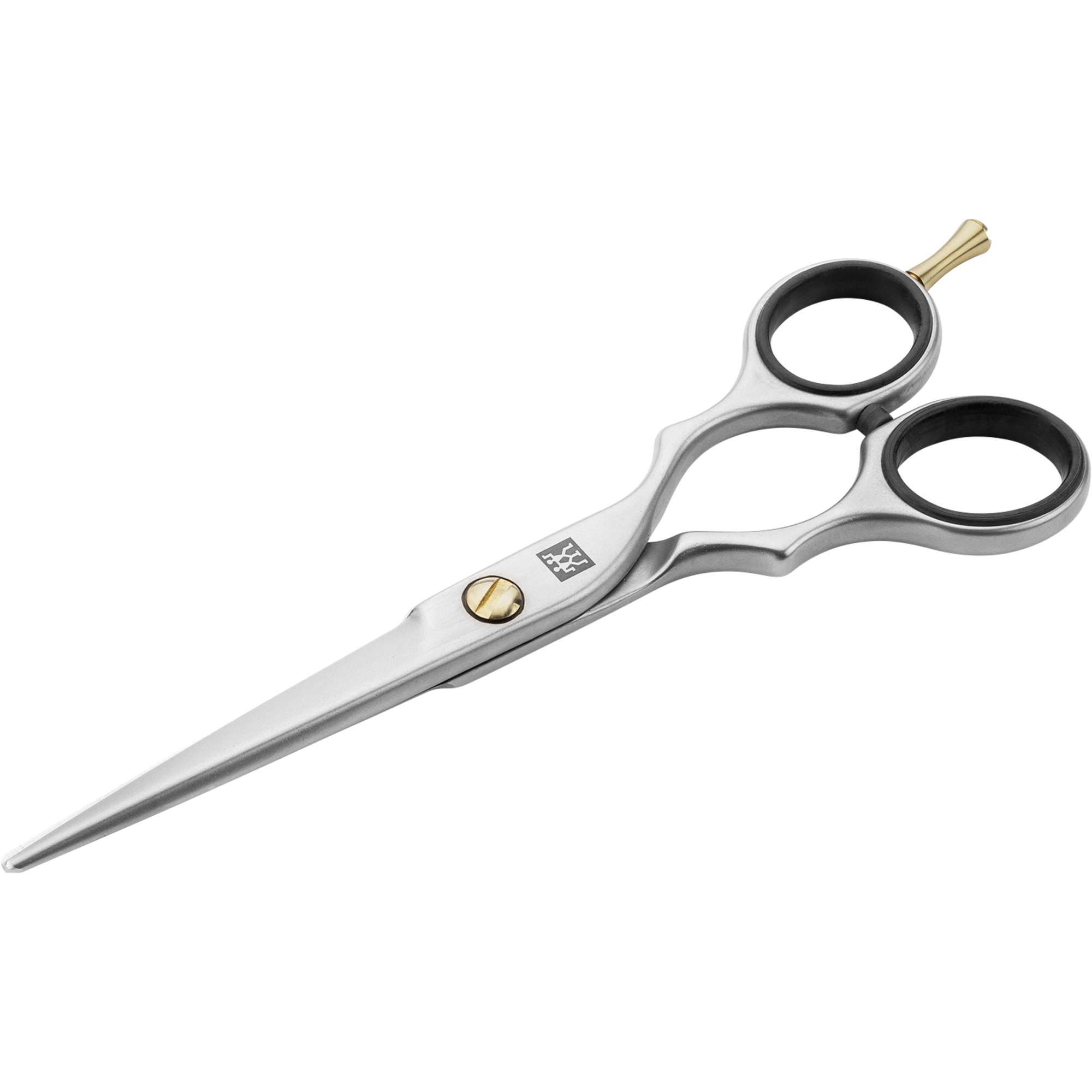 Queransicht einer geschlossenen ZWILLING Premium Haarschere aus rostfreiem Edelstahl mit Mikrozahnung für präzisen Schnitt.