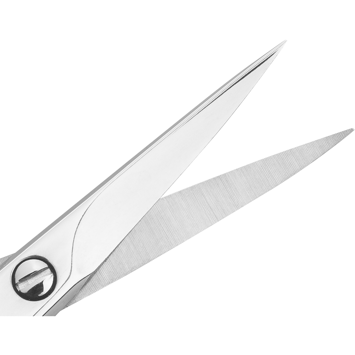 Nahaufnahme der geöffneten Schneide der ZWILLING Classic Nagelhautschere aus rostfreiem Edelstahl mit scharfer, spitz zulaufender Schneide.