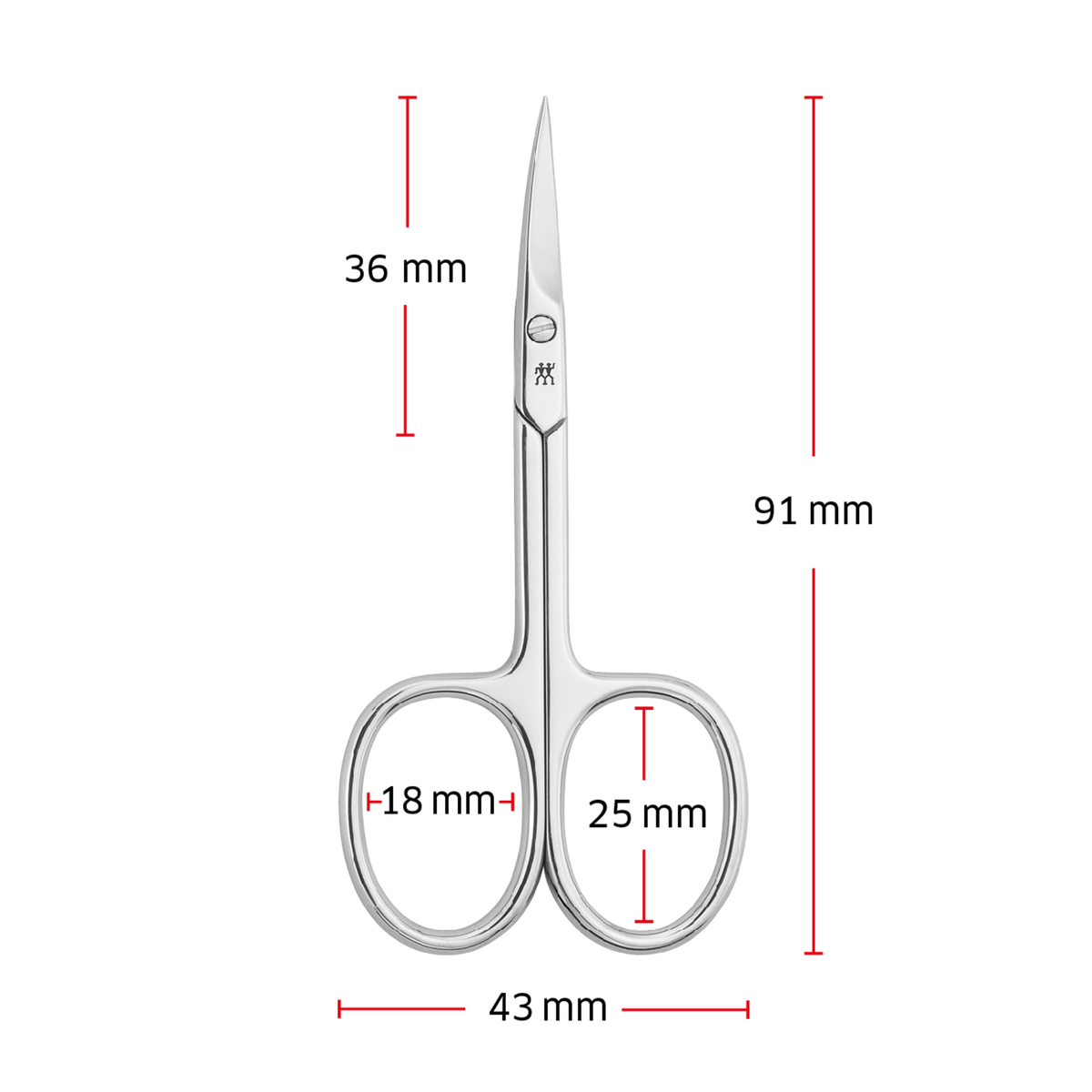 Größenangaben einer ZWILLING Classic Nagelhautschere. Gesamtlänge beträgt 91mm.