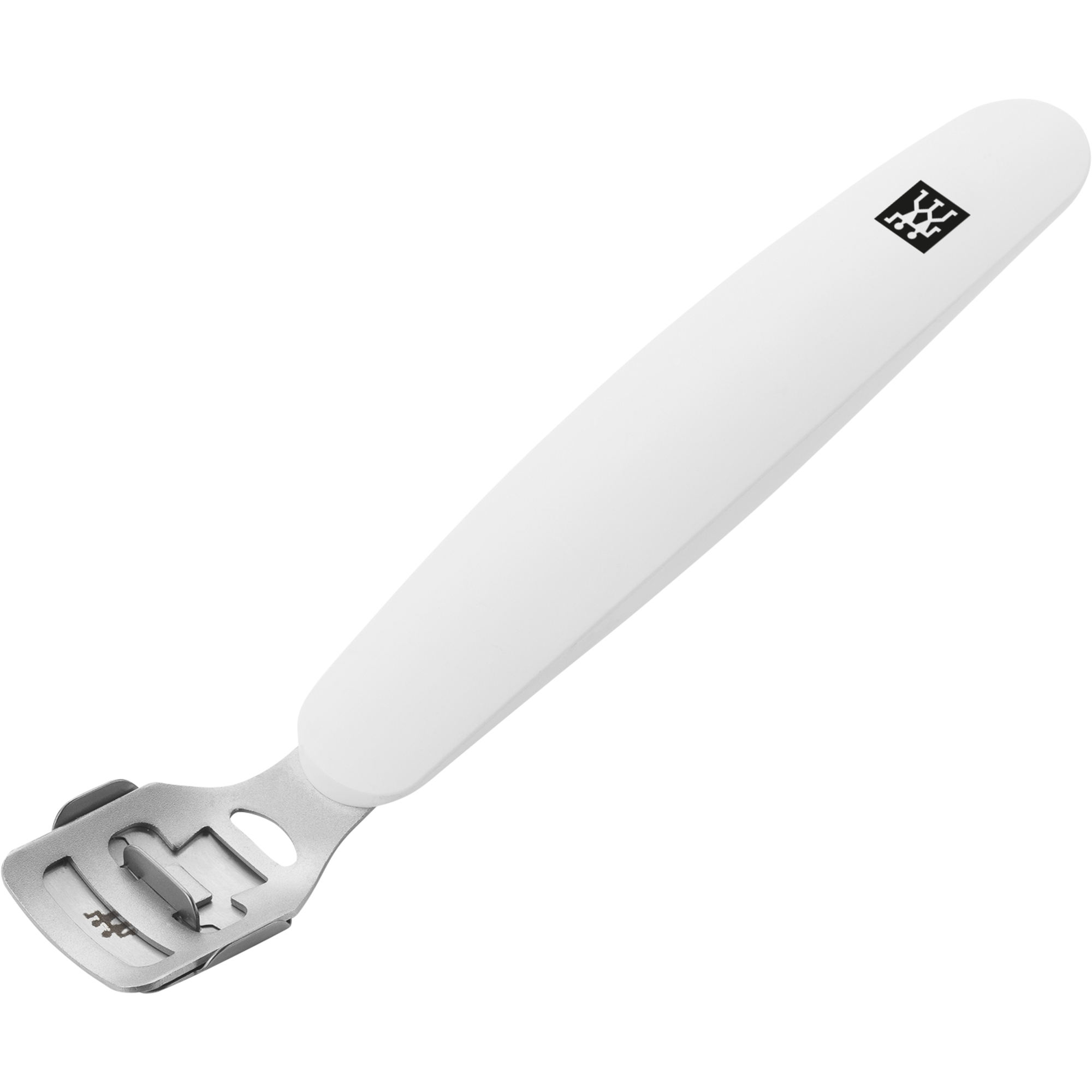 Queransicht eines ZWILLING Premium Hornhauthobels in weiß mit scharfer, auswechselbarer Klinge.