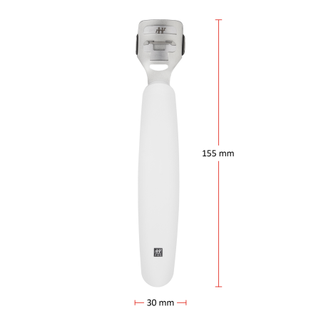 Größenangaben eines ZWILLING Premium Hornhauthobels. Gesamtlänge beträgt 155mm.