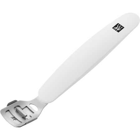 Queransicht eines ZWILLING Premium Hornhauthobels in weiß mit scharfer, auswechselbarer Klinge.