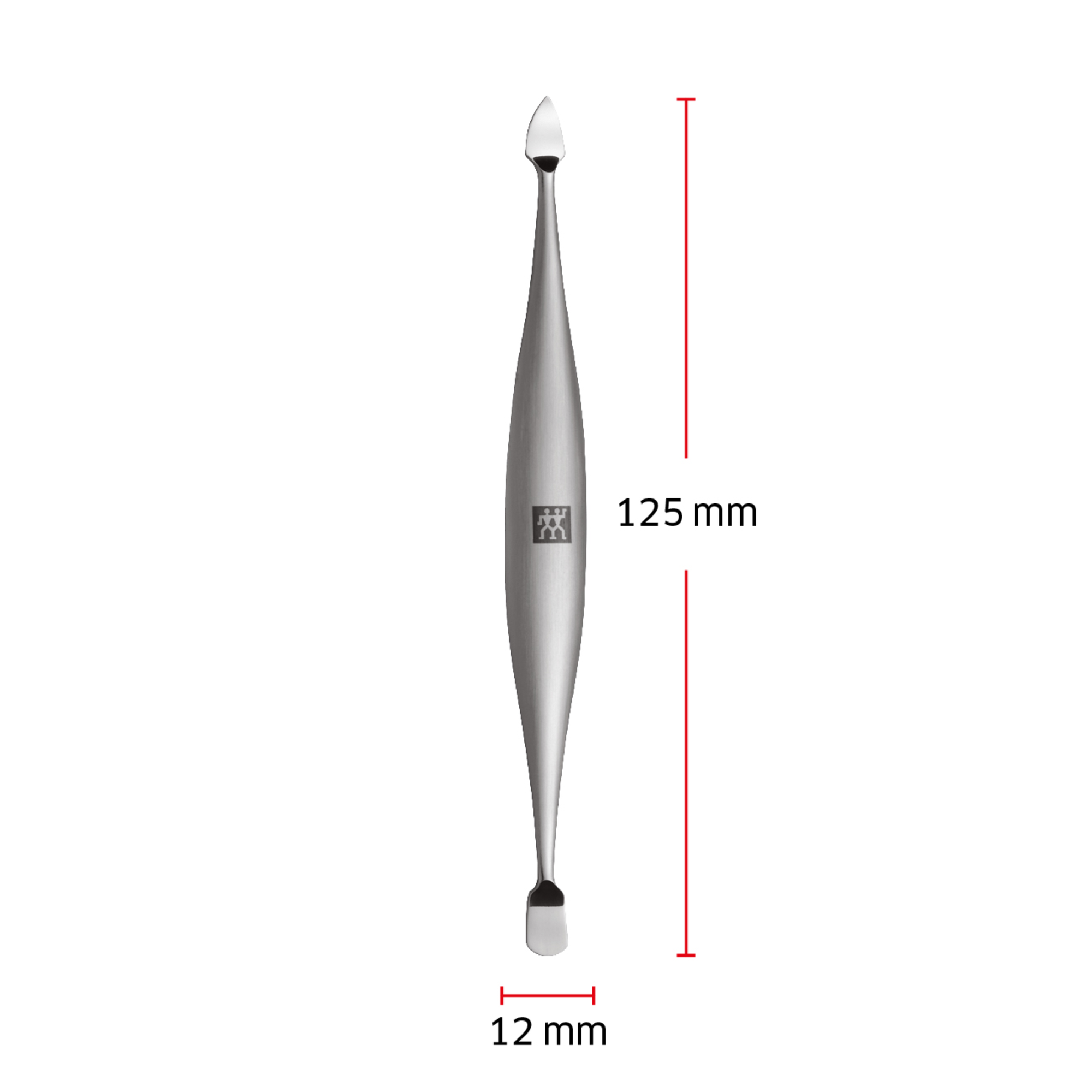 Größenangaben eines ZWILLING Premium Nagelhautschiebers und -reinigers. Gesamtlänge beträgt 125mm.