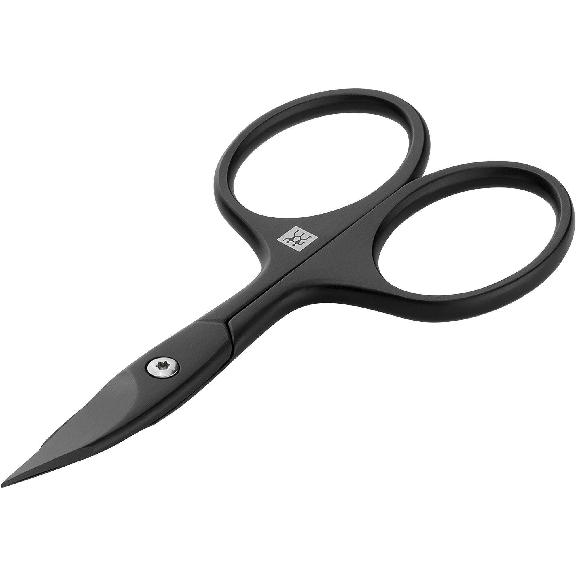 Queransicht einer ZWILLING Premium Nagel- und Nagelhautschere in Schwarz mit gebogener Schneide und feiner Spitze.