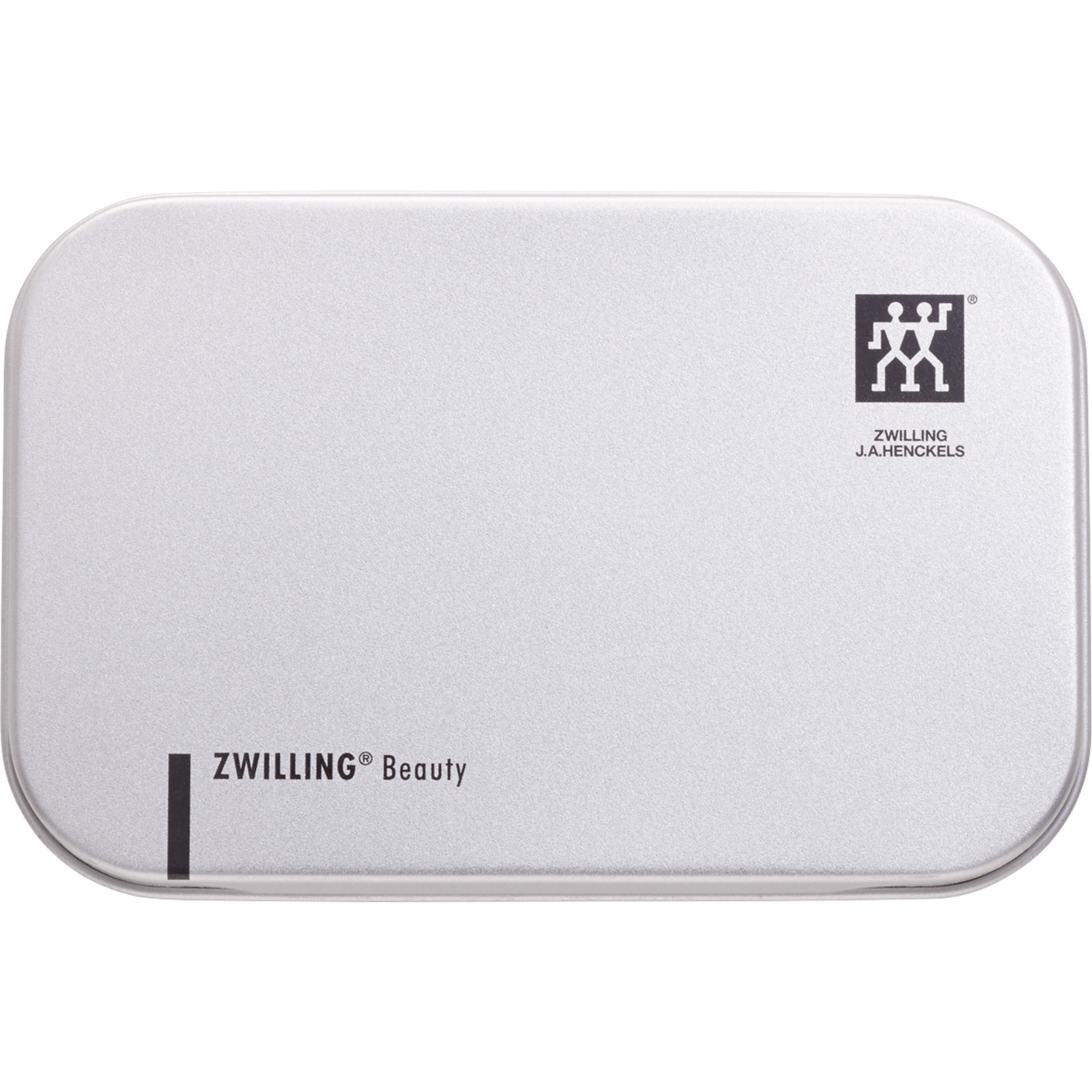 Silberne Metallbox des ZWILLING Premium Nagelknipsers aus rostfreiem Edelstahl mit gebogener Schneide.