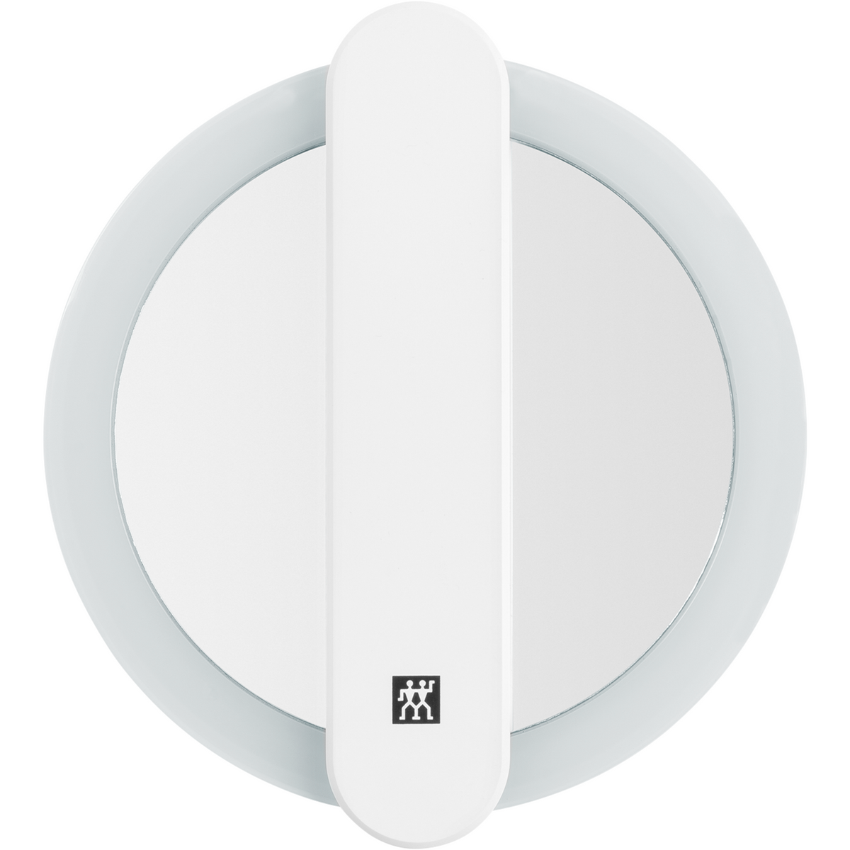 Nahaufnahme eines zugeklappten ZWILLING Premium LED-Kosmetikspiegels in Weiß mit 10-fach Vergrößerung und multifunktionalem Griff.
