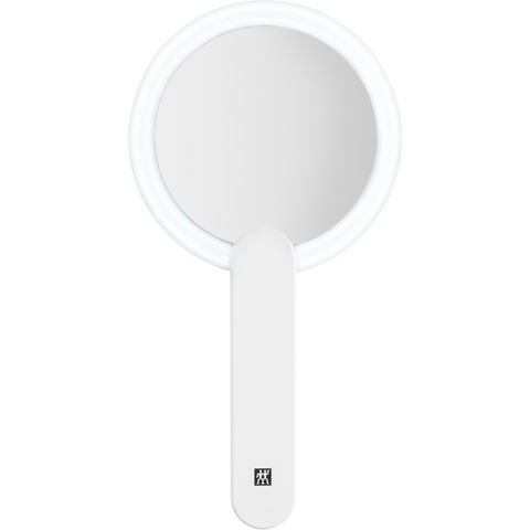 ZWILLING Premium LED-Kosmetikspiegel in Weiß mit 10-fach Vergrößerung und multifunktionalem Griff.