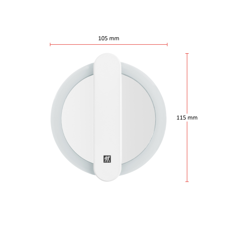 Größenangaben eines ZWILLING Premium LED-Kosmetikspiegels. Gesamtlänge beträgt 115mm zugeklappt.