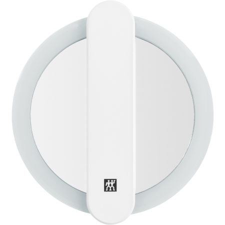Nahaufnahme eines zugeklappten ZWILLING Premium LED-Kosmetikspiegels in Weiß mit 10-fach Vergrößerung und multifunktionalem Griff.