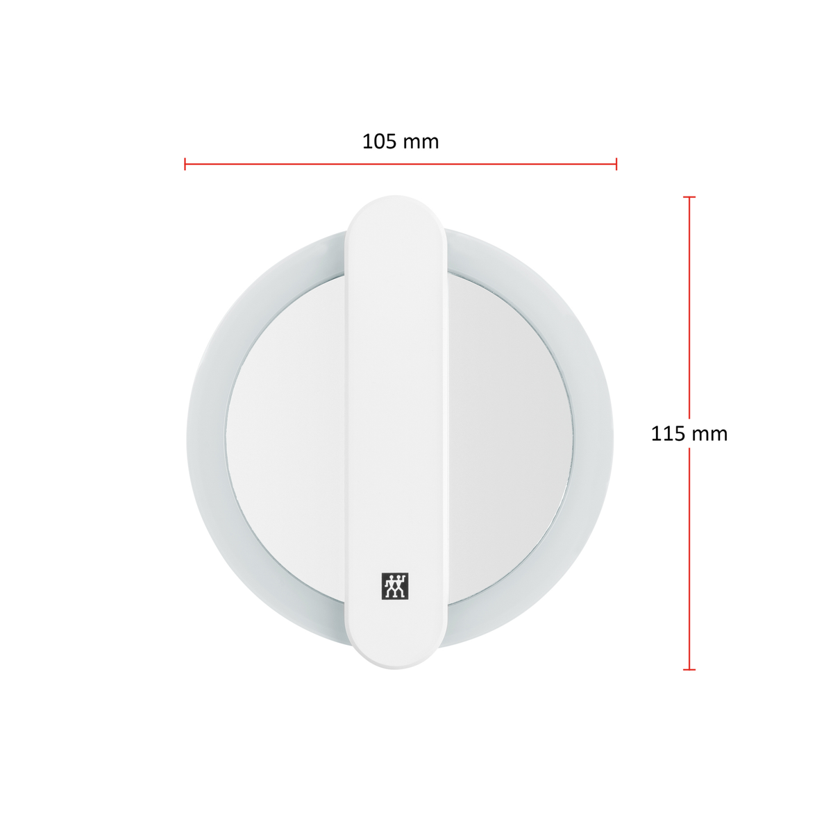 Größenangaben eines ZWILLING Premium LED-Kosmetikspiegels. Gesamtlänge beträgt 115mm zugeklappt.