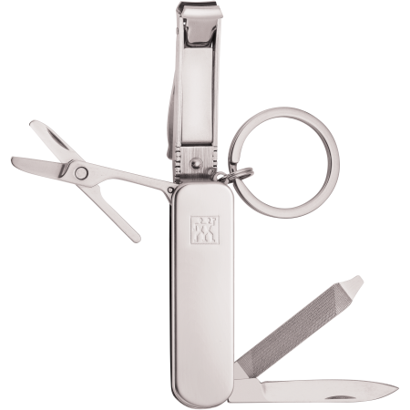 Geöffnetes ZWILLING Classic Nagelpflege Multi-Tool in Taschenmesser-Optim mit Nagelknipser, Nagelfeile, Schere und Taschenmesser aus rostfreiem Edelstahl und Schlüsselring.