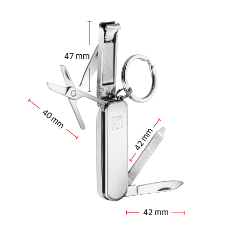 Größenangaben eines ZWILLING Classic Nagelpflege Multi-Tools. Die Gesamtlänge ohne Schlüsselring beträgt 60mm.