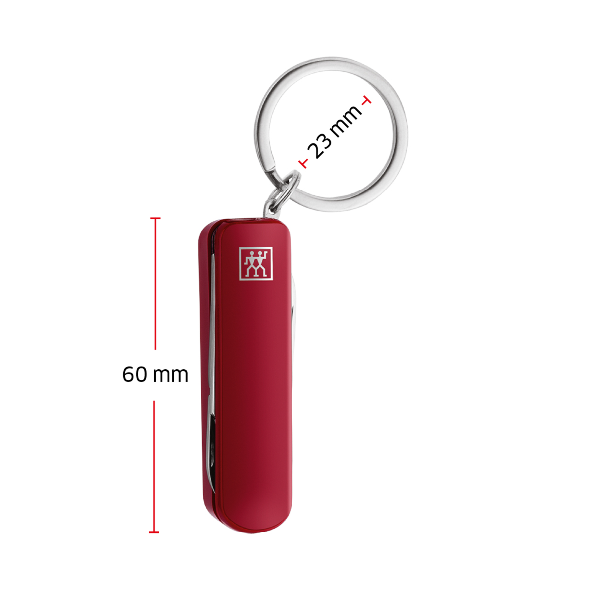 Größenangaben eines ZWILLING Classic Nagelpflege Multi-Tools in rot. Die Gesamtlänge ohne Schlüsselring beträgt 60mm.