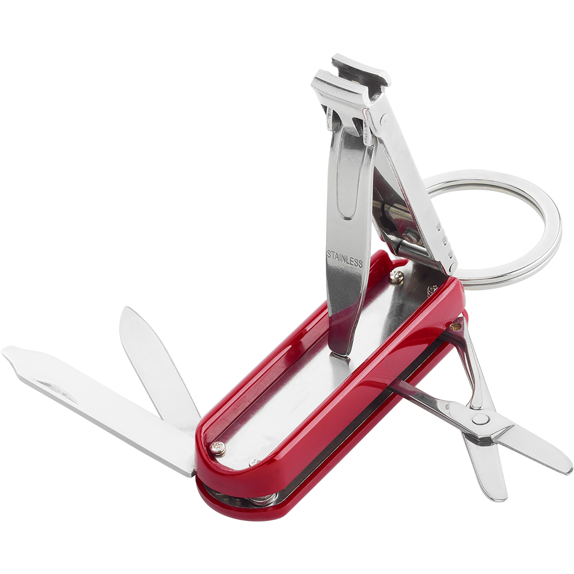 Geöffnetes ZWILLING Classic Nagelpflege Multi-Tool in Taschenmesser-Optim mit Nagelknipser, Nagelfeile, Schere und Taschenmesser aus rostfreiem Edelstahl in rot und Schlüsselring.