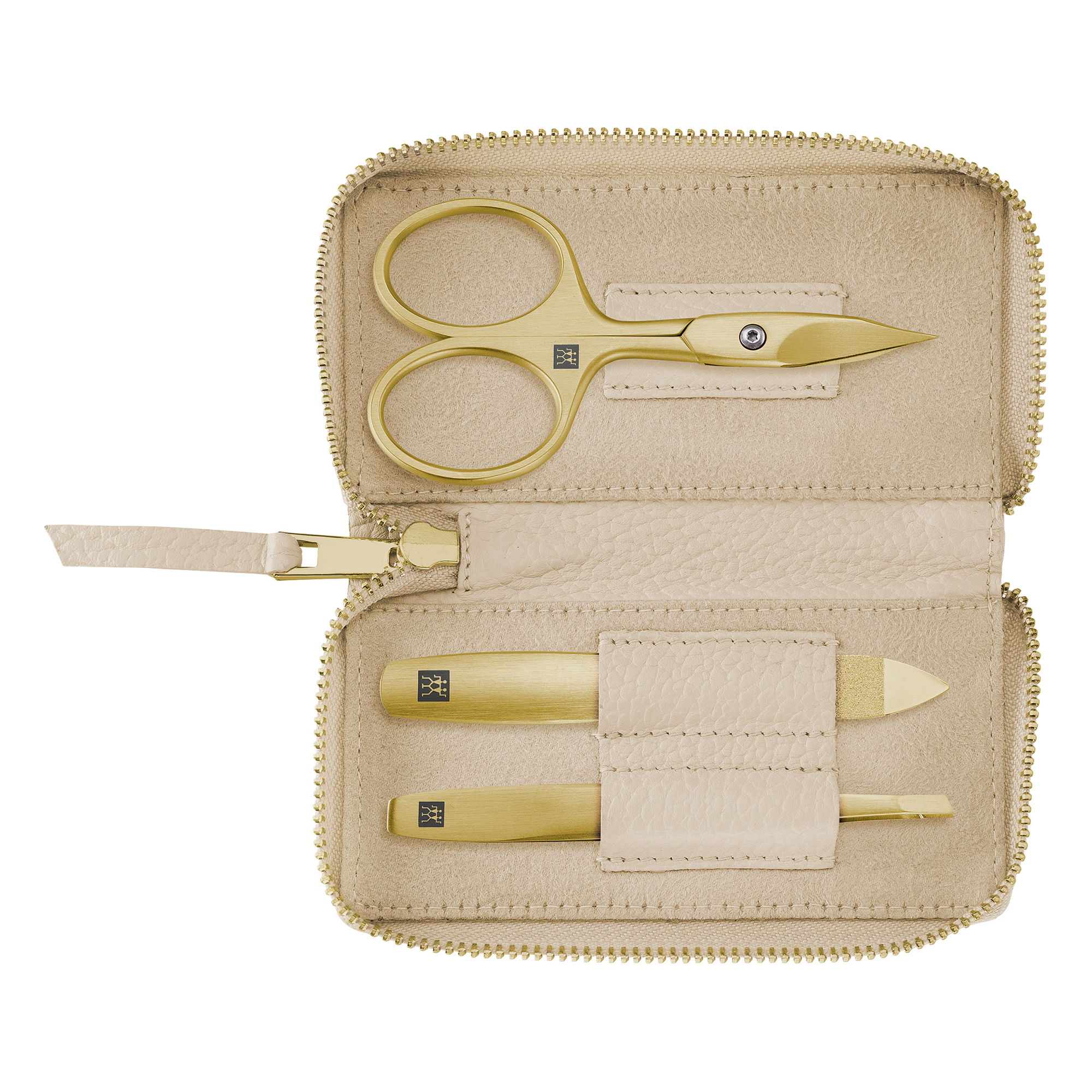 Geöffnetes ZWILLING Premium Set 3tlg. in Beige mit Reißverschluss und essentiellen Pflegeinstrumenten in gold.