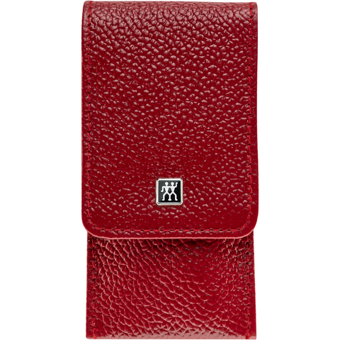 Frontalansicht eines ZWILLING Premium Maniküre Sets 3tlg. in rot mit essentiellen Pflegeinstrumenten.