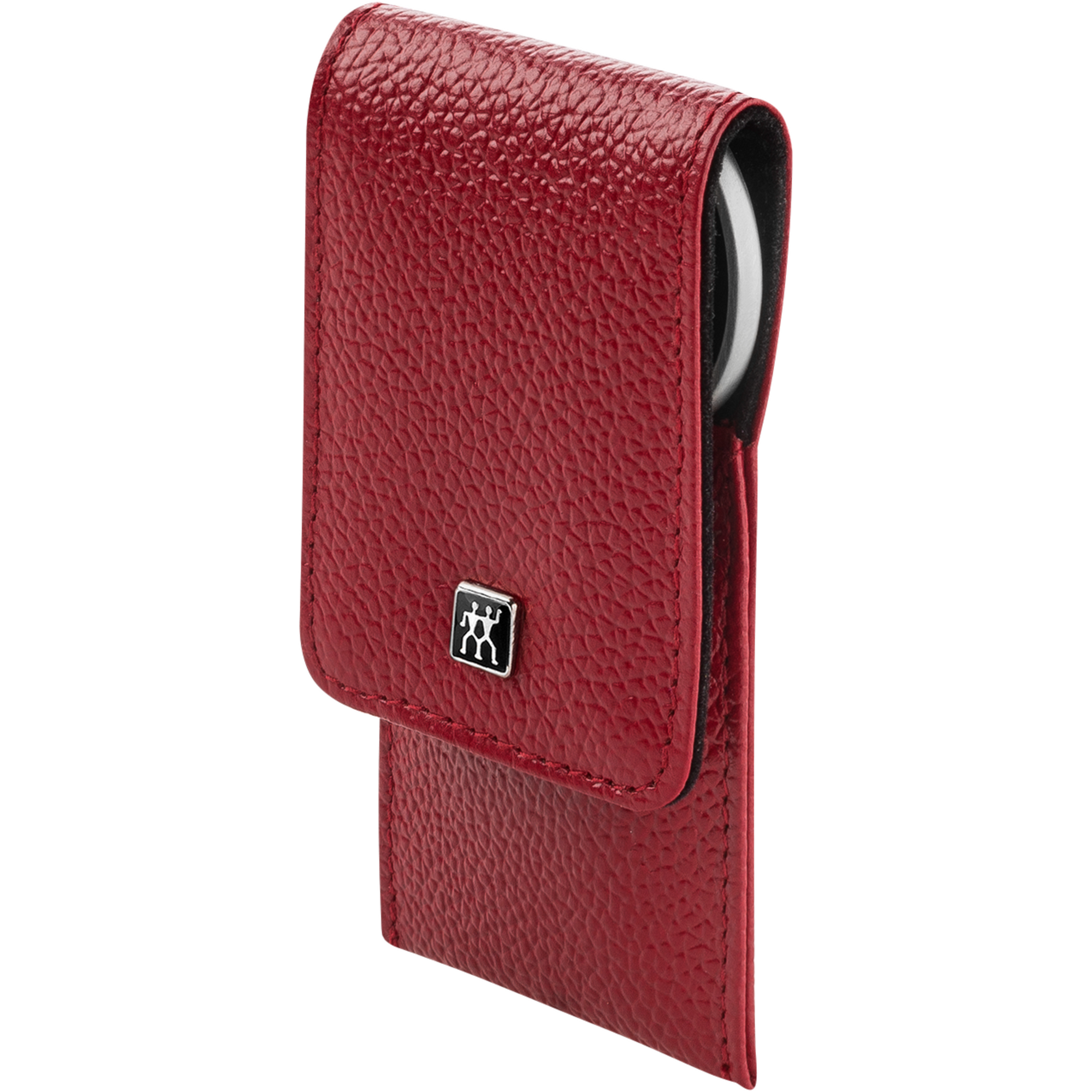Seitenansicht eines ZWILLING Premium Maniküre Sets 3tlg. in rot mit Druckknopfverschluss und essentiellen Pflegeinstrumenten.