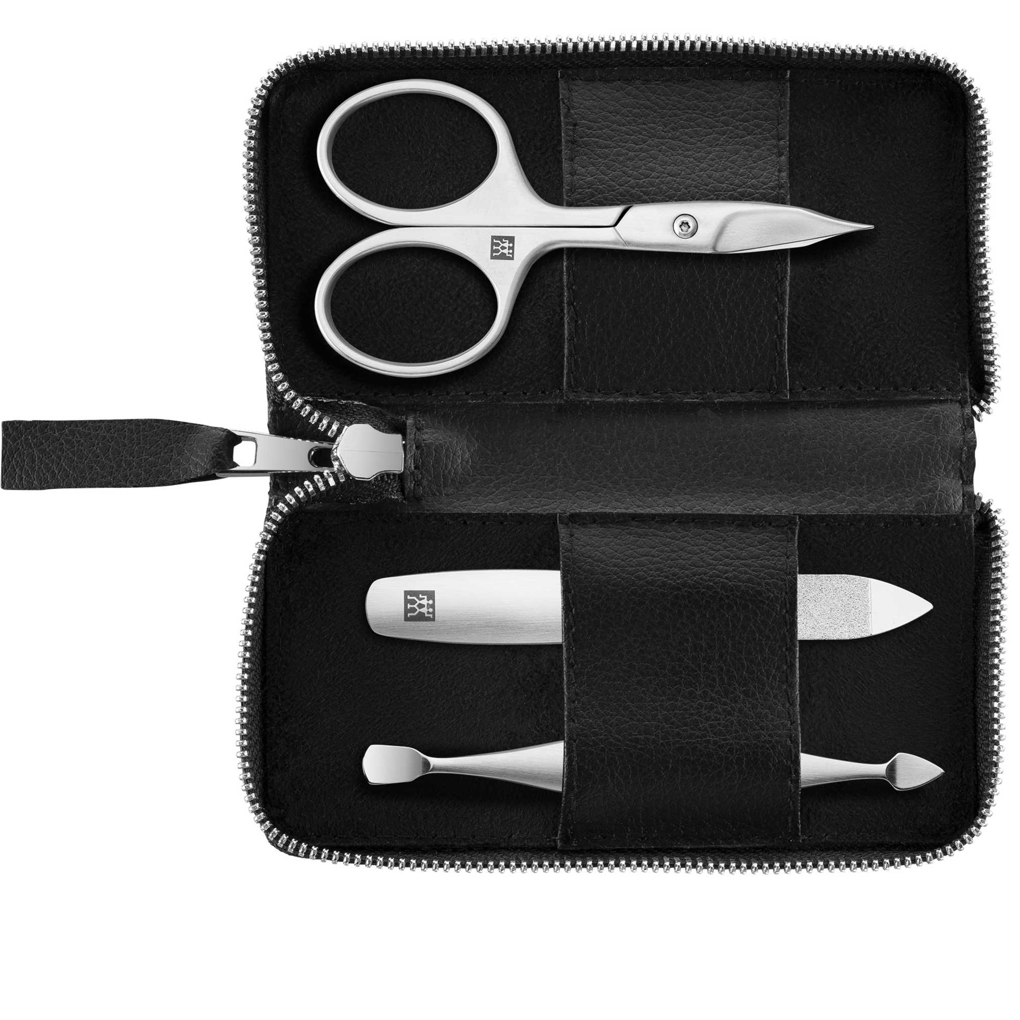 Geöffnetes ZWILLING Premium Apfelleder Set 3tlg. in schwarz mit Reißverschluss und essentiellen Pflegeinstrumenten (Nagel- und Hautschere, Nagelhautschieber und reiniger und Saphir-Nagelfeile) in matt-silber.
