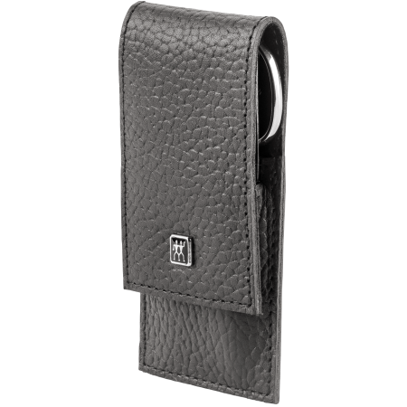 Seitenansicht eines ZWILLING Classic Sets 3tlg. in anthrazit mit Druckknopfverschluss und den essentiellen Pflegeinstrumenten aus rostfreiem Edelstahl.