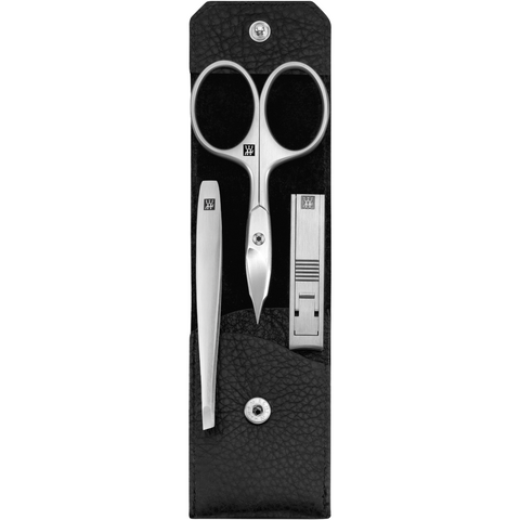 Geöffnetes ZWILLING Premium Set 3tlg. in Schwarz mit Druckknopf und essentiellen Pflegeinstrumenten aus rostfreiem Edelstahl.