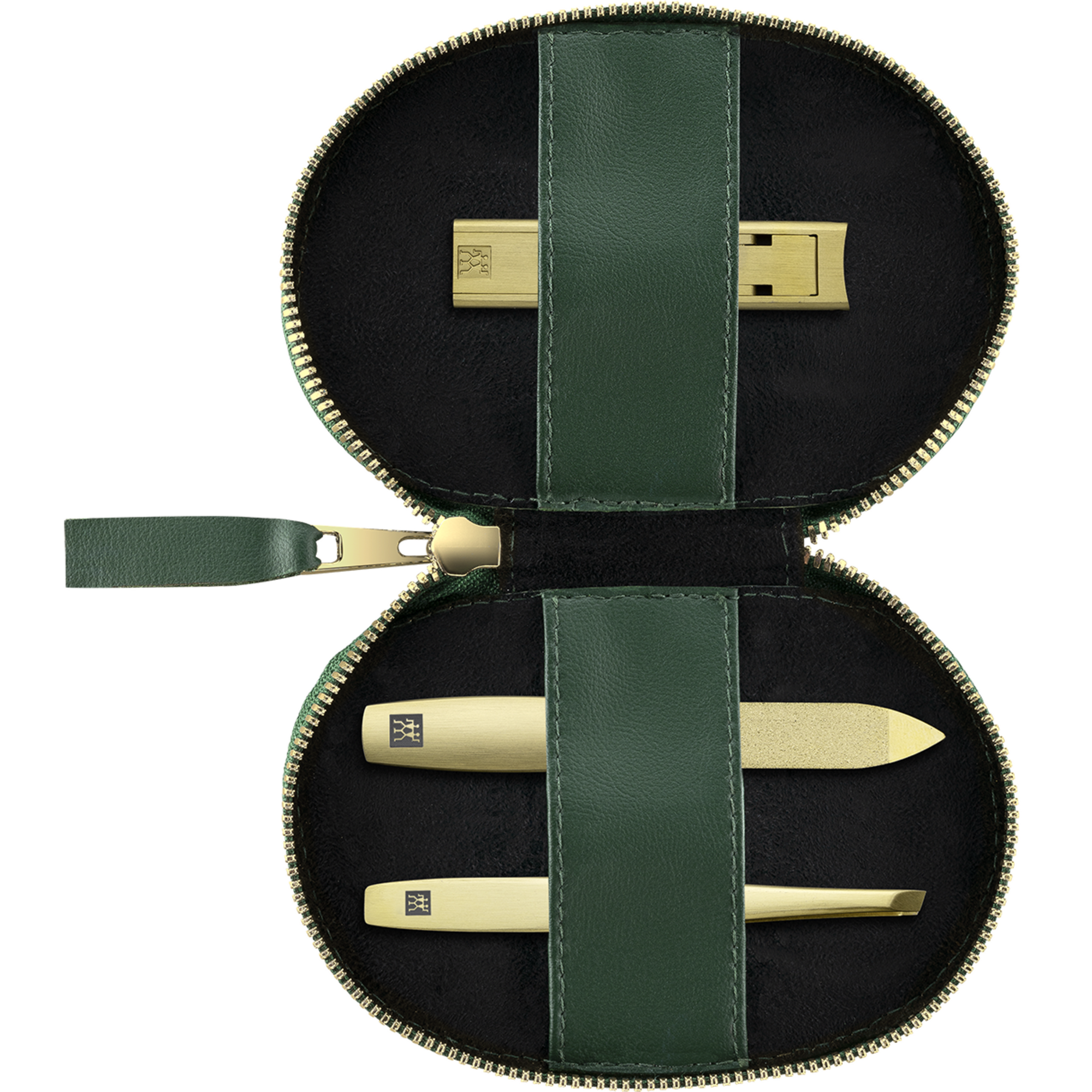 Geöffnetes ZWILLING Premium Apfelleder Set 3tlg. in Grün mit Reißverschluss und essentiellen Pflegeinstrumenten (Kompakt-Nagelknipser, Saphir-Nagelfeile und schräge Pinzette) in matt-gold.
