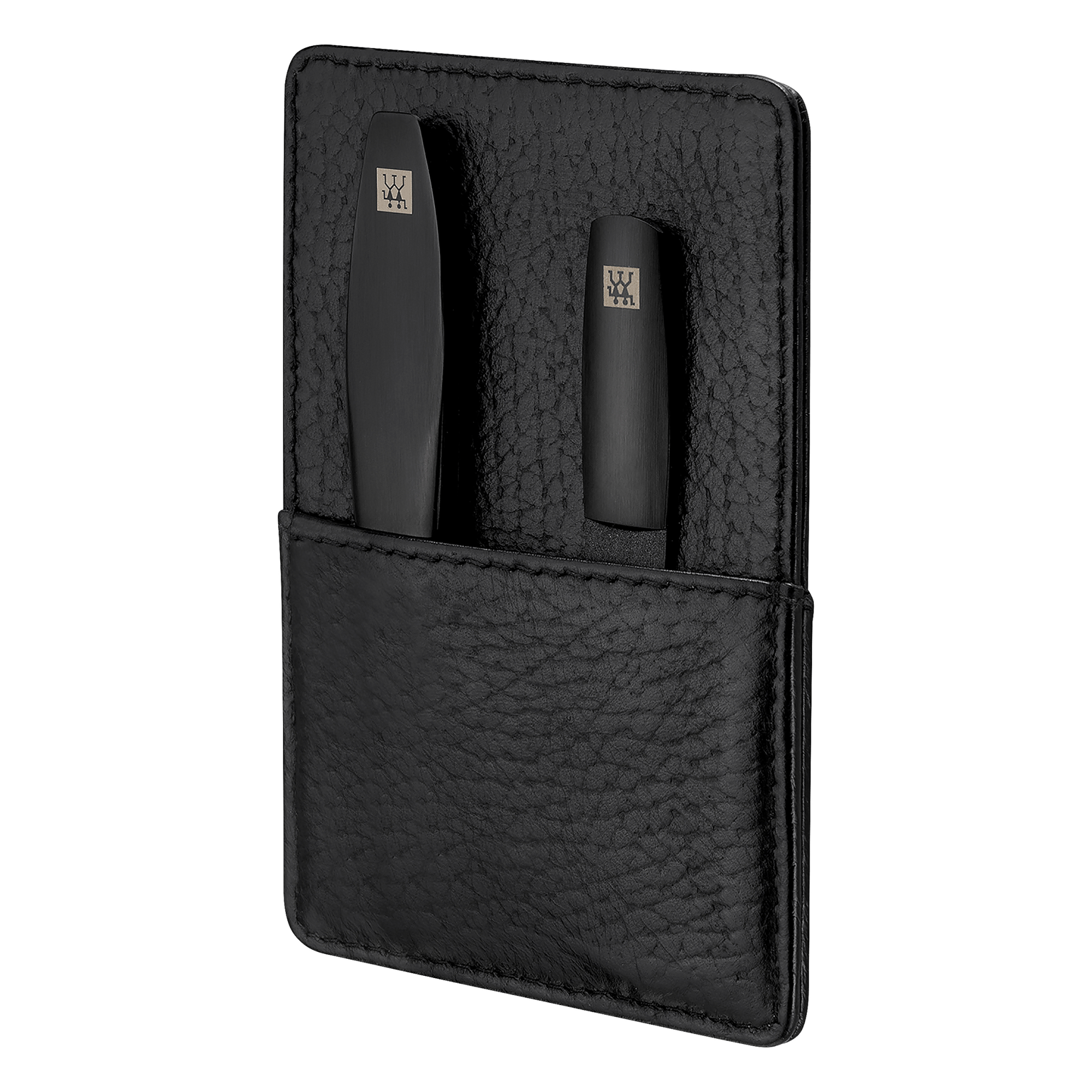 Rück- und Seitenansicht eines ZWILLING Premium Maniküre Sets 3tlg. in Schwarz zum Stecken mit essentiellen Pflegeinstrumenten in matt-schwarz.