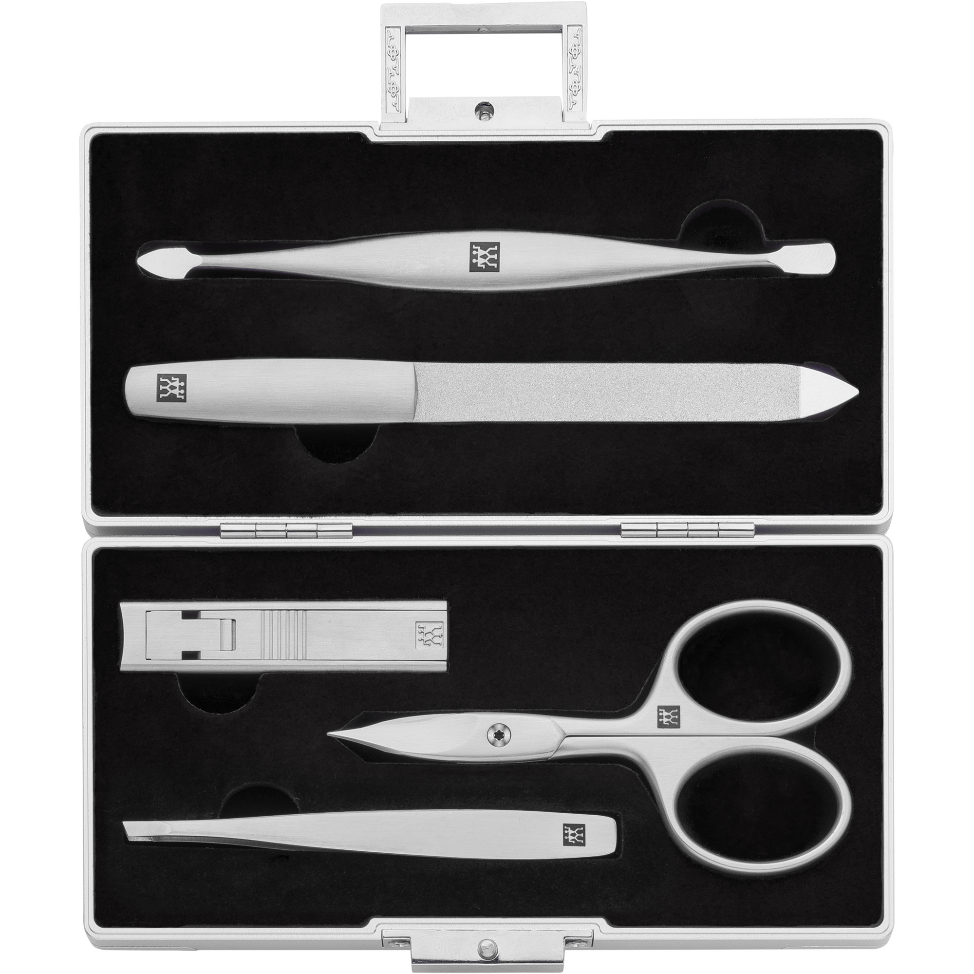 Geöffnetes ZWILLING Premium Set 5tlg. in silbernem Aluminiumkoffer und den meistgenutzten Pflegeinstrumenten.