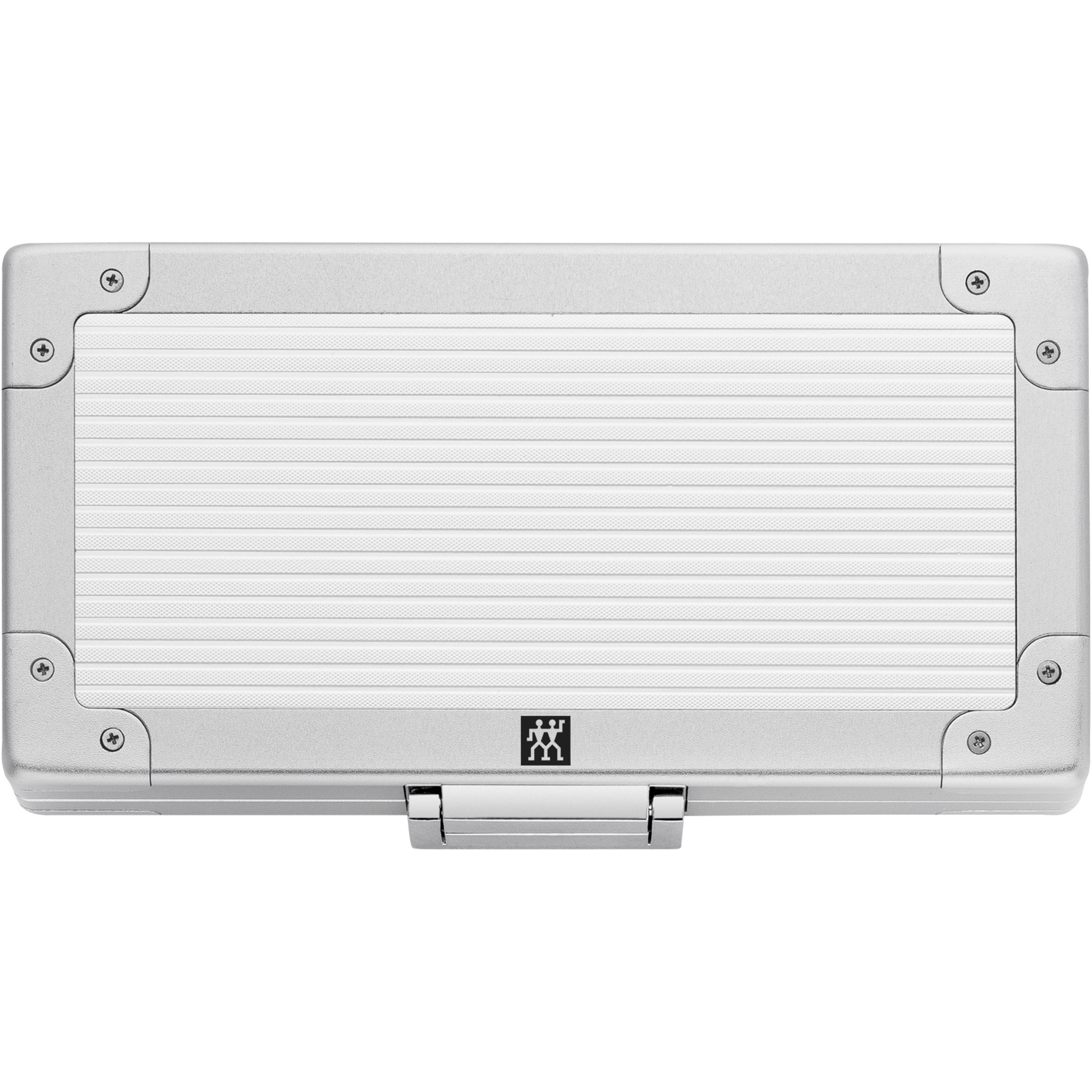 Frontalansicht eines geschlossenen ZWILLING Premium Sets 5tlg. in silbernem Aluminiumkoffer.