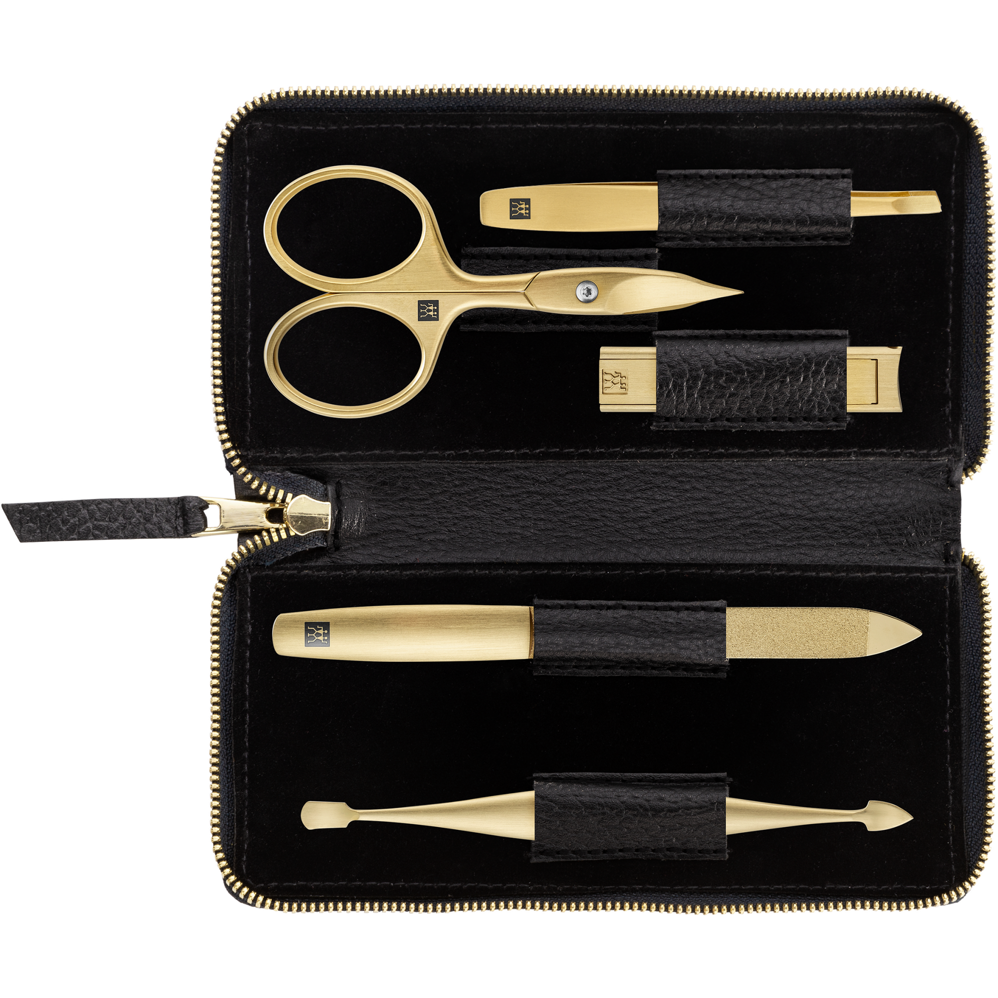 Geöffnetes ZWILLING Premium Set 5tlg. in Schwarz mit Reißverschluss und den meistgenutzten Pflegeinstrumenten in gold.