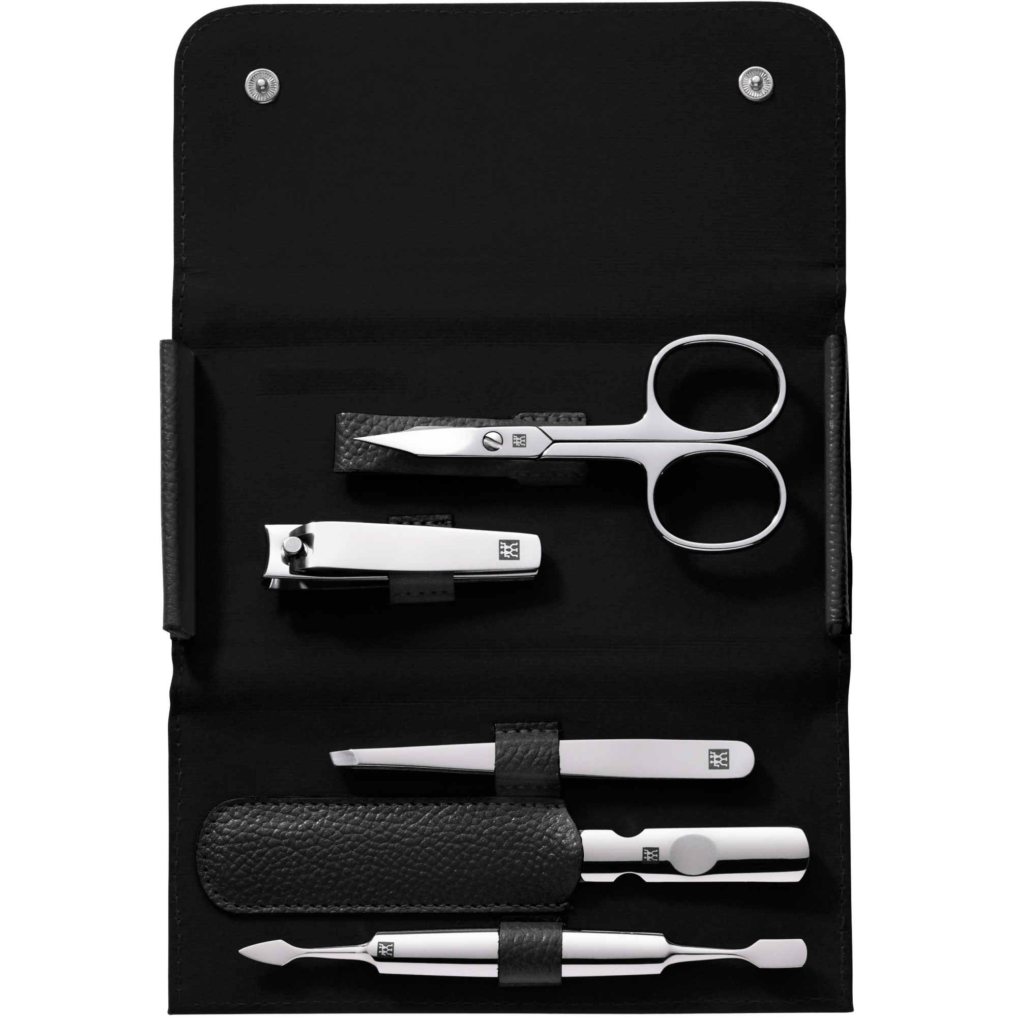 Geöffnetes ZWILLING Classic Set 5tlg. in schwarz mit Druckknopfverschluss mit den meistgenutzten Pflegeinstrumenten aus rostfreiem Edelstahl.